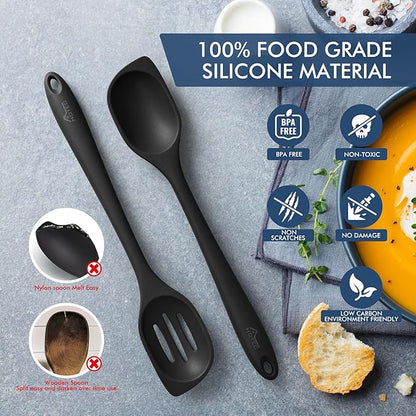 HOTEC Heat Resistant Silicone Cooking Spoon Spatula, Large Kitchen Solid and Slotted Spoons for Mixing, Serving, Scraping, Non-stick, Dishwasher Safe Black 12.5inch - Image 3
