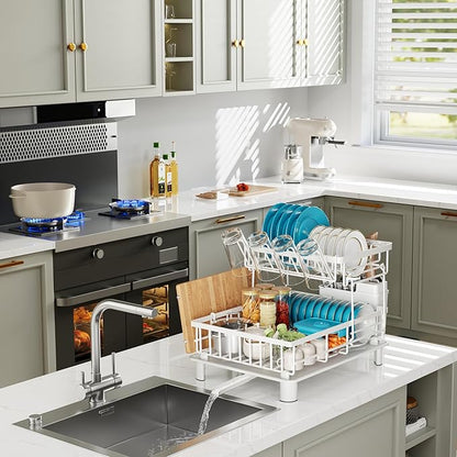 Dish Drying Rack, 2 Tier Dish Racks for Kitchen Counter, Compact Dish Drainer Rack, Detachable Dish Rack with Drainboard, Utensil Holder, Cup Holder for Small Space - White - Image 6