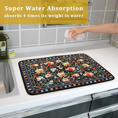 Floral Microfiber Dish Drying Mat Large Absorbent Dish Drainer Rack Pad for Kitchen Counter - Image 7