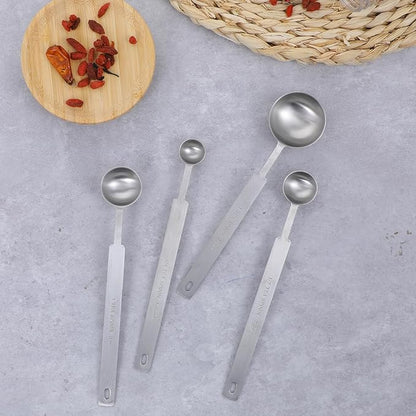 4 Pcs Long Handle Measuring Spoons Set Stainless Steel Measuring Spoon Set Metal Coffee Scoop Tablespoon Teaspoon for Liquid Solid Powder Ingredients (1/4 tsp, 1/2 tsp, 1 tsp, 1 tbsp)