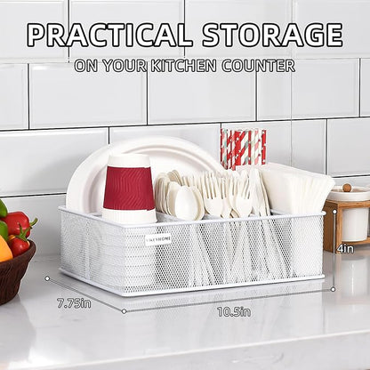 VIKEYHOME Paper Plate Organizer, Metal Silverware Caddy with 6 Compartments for Knives, Spoons, Cups, Forks, Napkins, Utensil Holder for Party, Camping, Picnic, White - Image 4