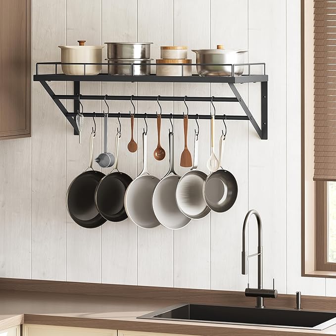 YATINEY Pot Rack, 30 Inch Wall Mounted Pot Rack, Kitchen Pot and Pan Organizer with 2 Tier Hanging Rails, 12 S-Hooks, Space Saving, for Kitchen Cookware Organizer, Black PR02BK - Image 7