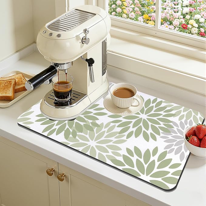 Findosom Floral Dish Drying Mat, 12" x 20" Super Absorbent & Hide Stain Coffee Mat, Cuttable Drying Mat for Kitchen Counter, Under Dish Rack, Coffee Maker, Espresso Machine, Sage Green