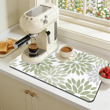 Findosom Floral Dish Drying Mat, 12" x 20" Super Absorbent & Hide Stain Coffee Mat, Cuttable Drying Mat for Kitchen Counter, Under Dish Rack, Coffee Maker, Espresso Machine, Sage Green