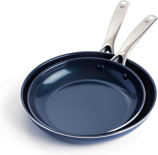 Blue Diamond 9.5” and 11" Frying Pan Skillet Set, Diamond Infused PFAS & PFOA-Free Ceramic Nonstick Pots & Pans, Durable Non Toxic Metal Utensil Safe & Scratch Resistant, Dishwasher & Oven Safe, Blue by BlueDiamondCookware
