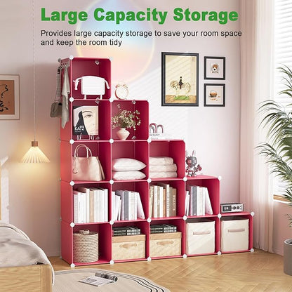 C&AHOME Cube Storage Organizer, 16-Cube Shelves Units, Plastic Storage Cubes, DIY Closet Organizer, Modular Closet Storage Shelves Ideal for Home, Bedroom, 48.4" L × 12.4" W × 48.4" H Red UPCS16R - Image 3