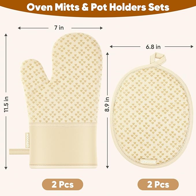 Oven Mitts and Pot Holders 4 Sets, Heat Resistant 500 ℉ Oven Mitt and Pot Holder,Oven Glove&Potholders with Non-Slip Silicone Surface,Kitchen Essentials for Cooking/Baking/BBQ-Beige - Image 2