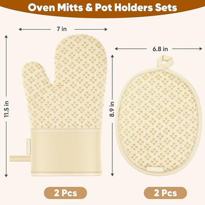 Oven Mitts and Pot Holders 4 Sets, Heat Resistant 500 ℉ Oven Mitt and Pot Holder,Oven Glove&Potholders with Non-Slip Silicone Surface,Kitchen Essentials for Cooking/Baking/BBQ-Beige - Image 2