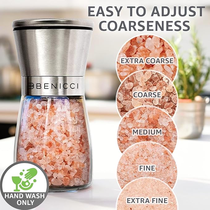 Stainless Steel Salt and Pepper Grinder Set of 2 (5oz) – Manual Adjustable Ceramic Mills – Grinders with 5 Coarseness Levels – Refillable Glass Shakers, No Batteries – Includes Spoon & Brush - Image 3