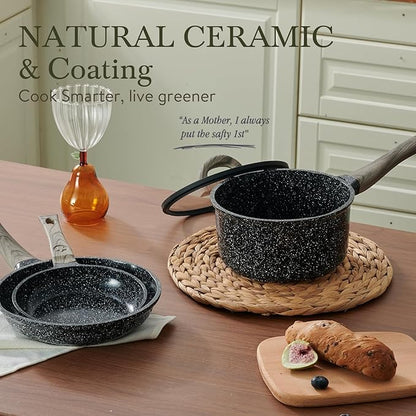 Ceramic Cookware Set 22 Piece Nonstick Pots and Pans Set Non Stick Kitchen Cooking Sets 8"Frying Pans with Lid,Black Granite Non-Toxic Induction Kitchen Cookware w/Glass Lids PFOS/PFOA-Free - Image 7