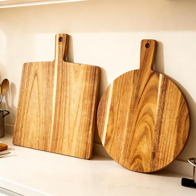 Large Acacia Wood Cutting Board with Handle 17''X13'', Charcuterie Board, Serving Board, Chopping Board for Meat, Cheese, Bread, Vegetables & Fruits (Round) - Image 8
