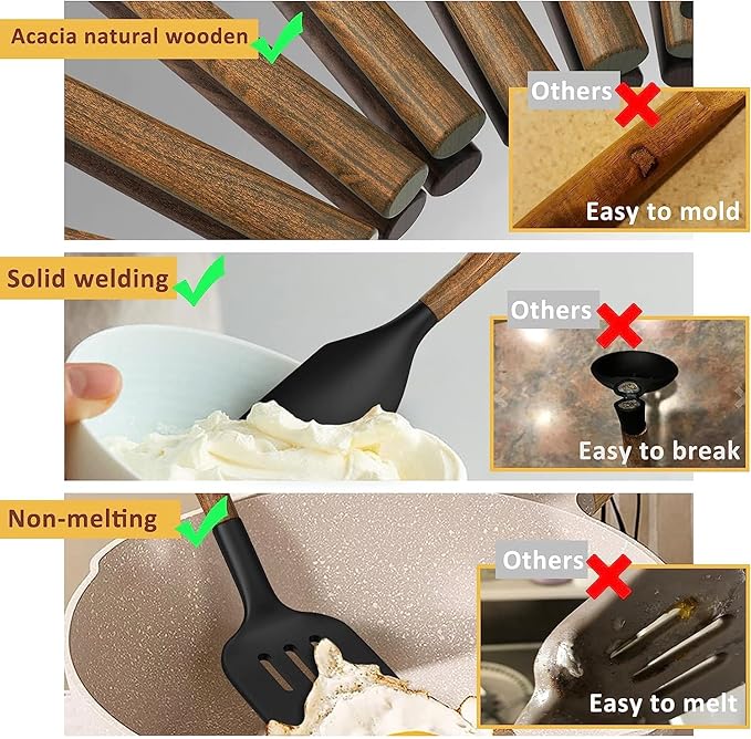 Silicone Cooking Utensil Set, Umite Chef 8-Piece Kitchen Utensils Set with Natural Acacia Wooden Handles,Food-Grade-Silicone Kitchen Gadgets Spatulas Set for Nonstick Cookware- Black - Image 6
