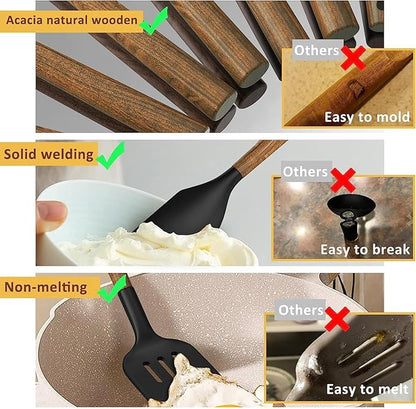 Silicone Cooking Utensil Set, Umite Chef 8-Piece Kitchen Utensils Set with Natural Acacia Wooden Handles,Food-Grade-Silicone Kitchen Gadgets Spatulas Set for Nonstick Cookware- Black - Image 6