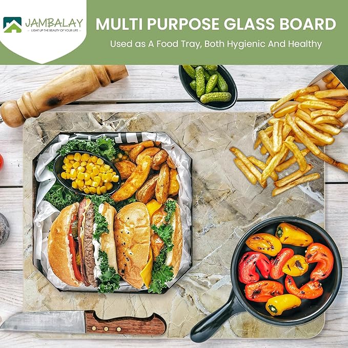 JAMBALAY Tempered Glass Cutting Board for Kitchen, 16"x12" Glass Cutting Board with Design, Chopping Board with Rubber Non Slip Feet, Heat, Shatter Resistant, Dishwasher Safe, WarmBrown