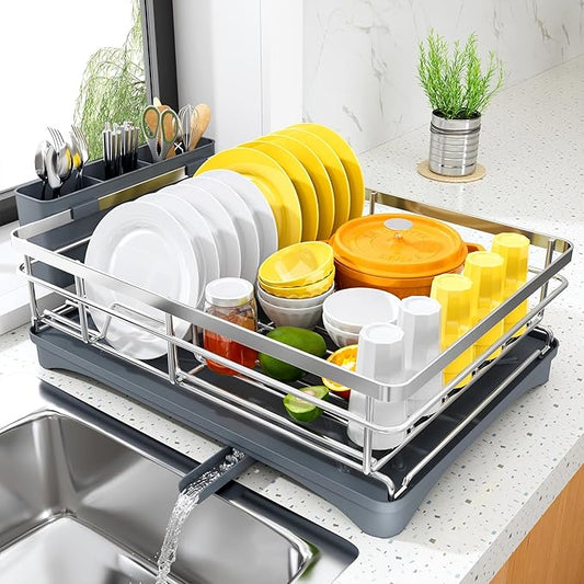 SNTD Dish Drying Rack for Kitchen Counter - Stainless Steel Dish Rack with Drainboard, Large Dish Drainer with Utensil Holder for Sink, Silver by SNTD