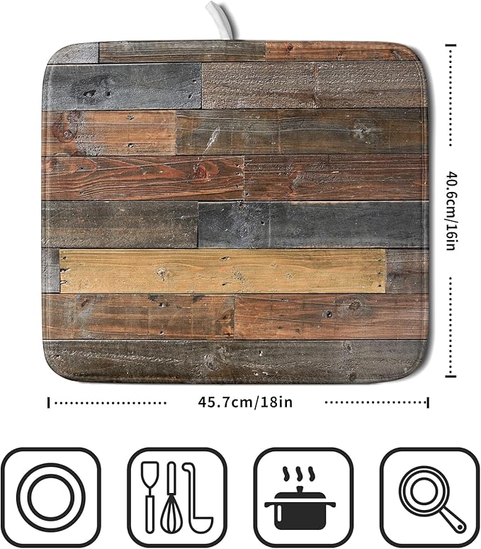 Giwawa Wood Grain Dish Drying Mat for Kitchen Countertop, Rustic Wooden Board Dish Drainer Mats, Vintage Country Style Barnwood Absorbent Reversible Microfiber Dish Drying Pad, 16x18 inches