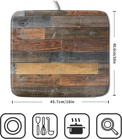 Giwawa Wood Grain Dish Drying Mat for Kitchen Countertop, Rustic Wooden Board Dish Drainer Mats, Vintage Country Style Barnwood Absorbent Reversible Microfiber Dish Drying Pad, 16x18 inches