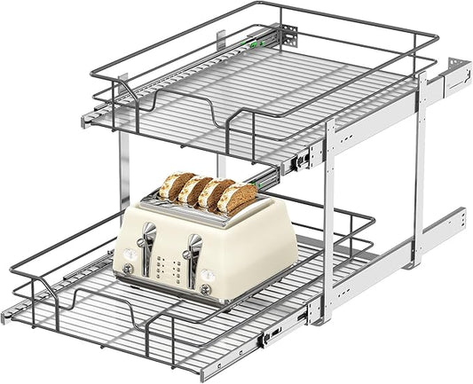2-Tier Pull Out Cabinet Organizer (17" W x 22" D), Soft Close Cabinet Slide Out Shelves, Heavy Duty Slide Out Drawers with Shelf Liner for Kitchen Cabinets, Pantry Storage, Bathroom