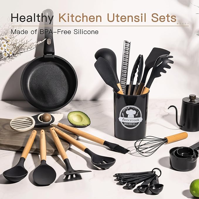 Astercook 39 PCS Kitchen Utensils Set, Silicone Cooking Utensil Sets with Wooden Handle, 446°F Heat Resistant Food Grade Spatula Set, BPA Free Kitchen Gadgets Tools Set for Mothers Day Gifts - Image 3