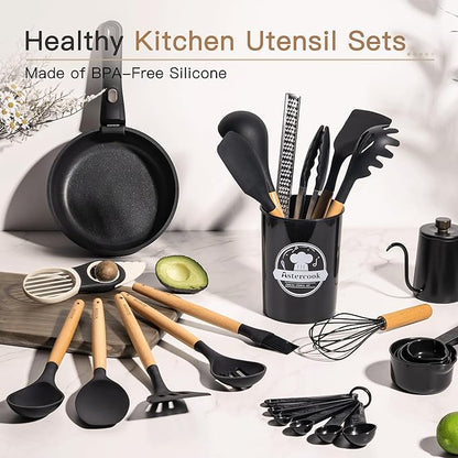 Astercook 39 PCS Kitchen Utensils Set, Silicone Cooking Utensil Sets with Wooden Handle, 446°F Heat Resistant Food Grade Spatula Set, BPA Free Kitchen Gadgets Tools Set for Mothers Day Gifts - Image 3