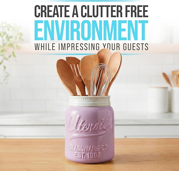 Comfify Wide Mouth Mason Jar Utensil Holder Decorative Kitchenware Organizer Crock, Dishwasher Safe - Kitchen Caddy Purple, Large Size 7" Hight - Image 2