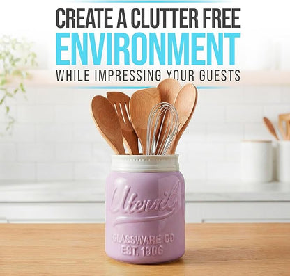 Comfify Wide Mouth Mason Jar Utensil Holder Decorative Kitchenware Organizer Crock, Dishwasher Safe - Kitchen Caddy Purple, Large Size 7" Hight - Image 2