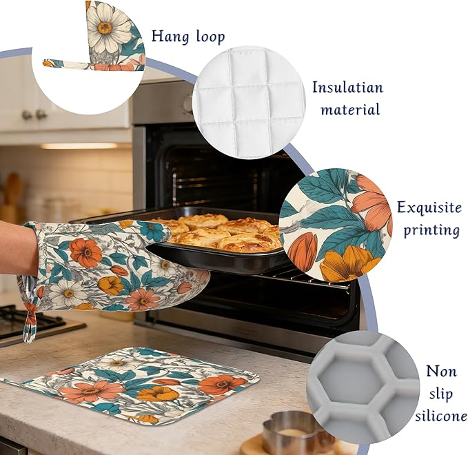 Vintage Floral Potholders & Oven Mitts Sets Abstract Flowers Silicone Heat Resistant Oven Mits and Hot Pads Non-Slip Pot Holders Gloves for Kitchen Chef Cooking Baking Grilling BBQ