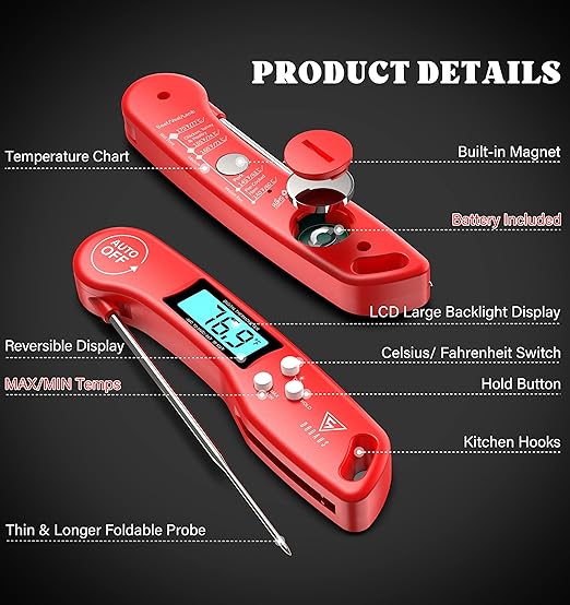 DOQAUS Digital Meat Thermometer, 2 Pack Instant Read Food Thermometer for Cooking, Kitchen Probe with Backlit & Reversible Display, Cooking Temperature for Turkey, Bread, Baking, Sourdough - Image 8