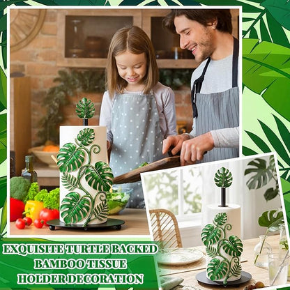 Thyle Tropical Monstera Paper Towel Holder with Round Base Boho Bathroom Decor Green Leaf Dispenser Kitchen Paper Holder Stand for Countertop Toilet Home Accessories