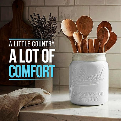 Comfify Wide Mouth Mason Jar Utensil Holder Decorative Kitchenware Organizer Crock - Perfect Cookware Gift - White, Large Size 5.4x6.75 - Image 8
