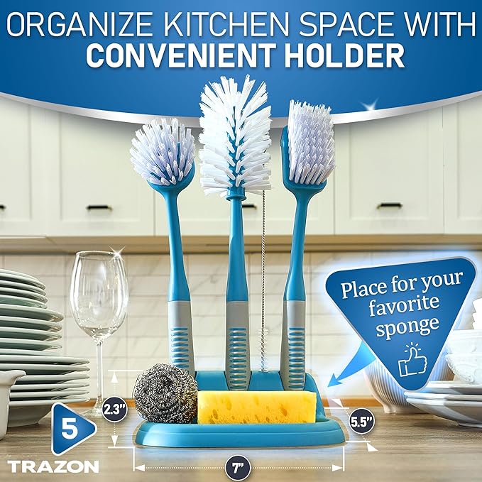 Dish Brush Set of 5 with Convenient Holder, Bottle Water Brush, Dish Scrub Brush, Scrubber Brush and Straw Brush - Kitchen Scrub Brushes Non Slip Long Handle for Sink Dishes Cup Pot - Image 5