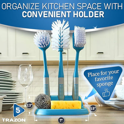 Dish Brush Set of 5 with Convenient Holder, Bottle Water Brush, Dish Scrub Brush, Scrubber Brush and Straw Brush - Kitchen Scrub Brushes Non Slip Long Handle for Sink Dishes Cup Pot - Image 5