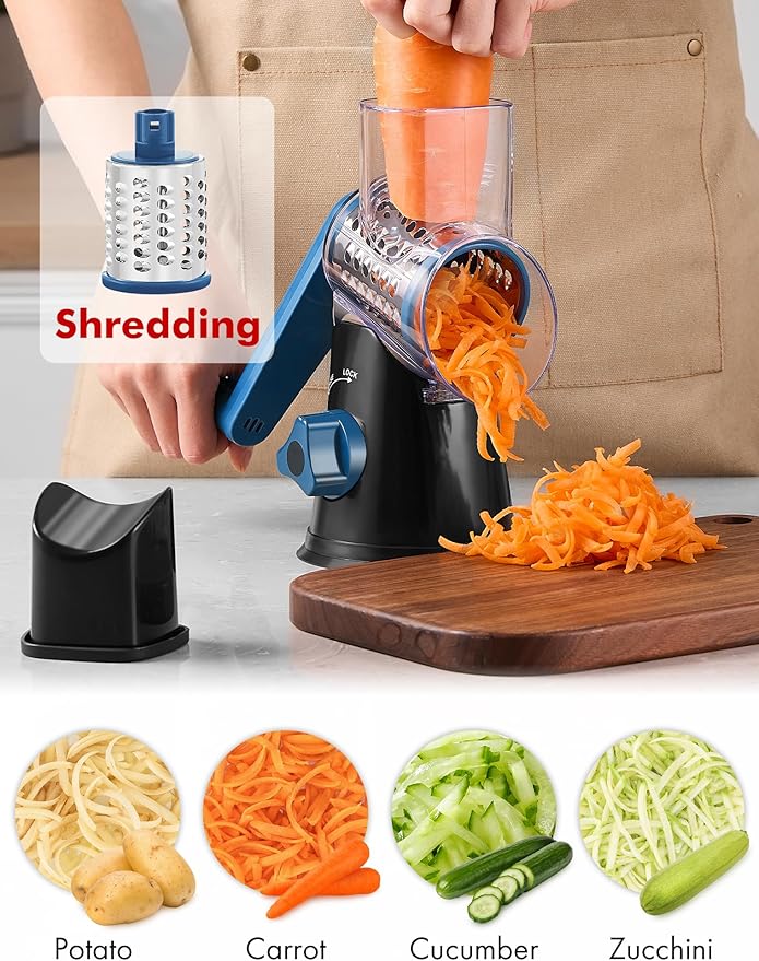 Cheese Grater Rotary, Rotary Grater for Kitchen, Kitchen Vegetable Slicer with 3 Drum Blades, Fast Cutting Cheese Shredder for Vegetables and Nuts - Image 4