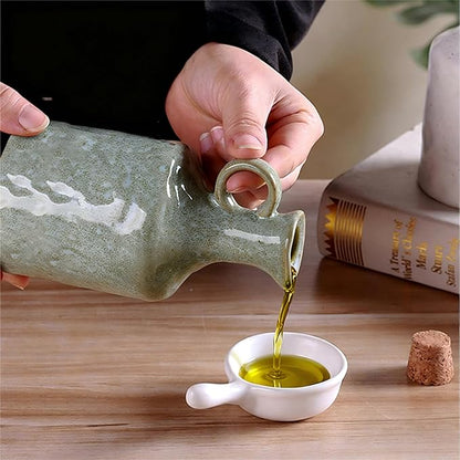 Ceramic Olive Oil Dispenser with Cork Stopper, Reactive Glaze Texture Oil Bottle, Leak - Proof Small Spout for Kitchen, Great for Storing Vinegar, Wine, Soy Sauce, Lemon Juice (GREEN) - Image 3