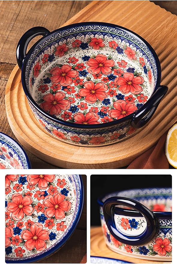 Vintage Style Cherry Blossom Flowers Pottery Bakeware Ceramic Casserole Dish Baking Pan Lasagna Pans Baking Dish with Handles for Oven to Table-1 PCS, 32 oz - Image 6
