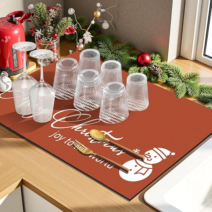 Findosom Christmas Dish Drying Mat, 12" x 20" Super Absorbent & Cuttable Dish Mat with Hello Sunshine Pattern, Hide Stain Drying Mat for Kitchen Counter Coffee Maker Dining Room Decoration, Red - Image 2