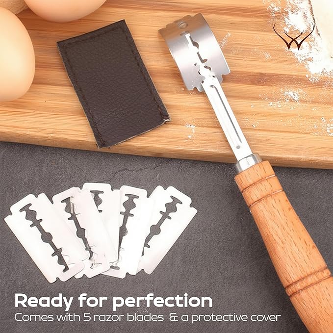 WOODLANDS USA Danish Dough Whisk for sourdough 13 Inch - 304 Stainless Steel Hook with Long Wooden Handle (Dough Whisk + Bread Lame)