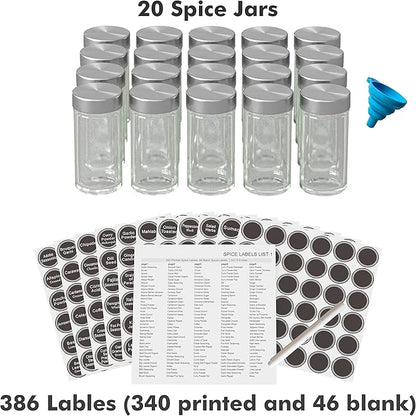 New England Stories Revolving Spice Rack Set with 20 Spice Jars, Kitchen Spice Tower Organizer for Countertop or Cabinet - Carousel Storage Includes 386 Spice Labels (Silver) - Image 5