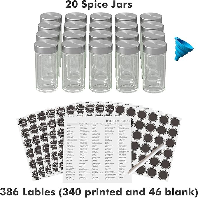 New England Stories Revolving Spice Rack Set with 20 Spice Jars, Kitchen Spice Tower Organizer for Countertop or Cabinet - Carousel Storage Includes 386 Spice Labels (Black) - Image 5