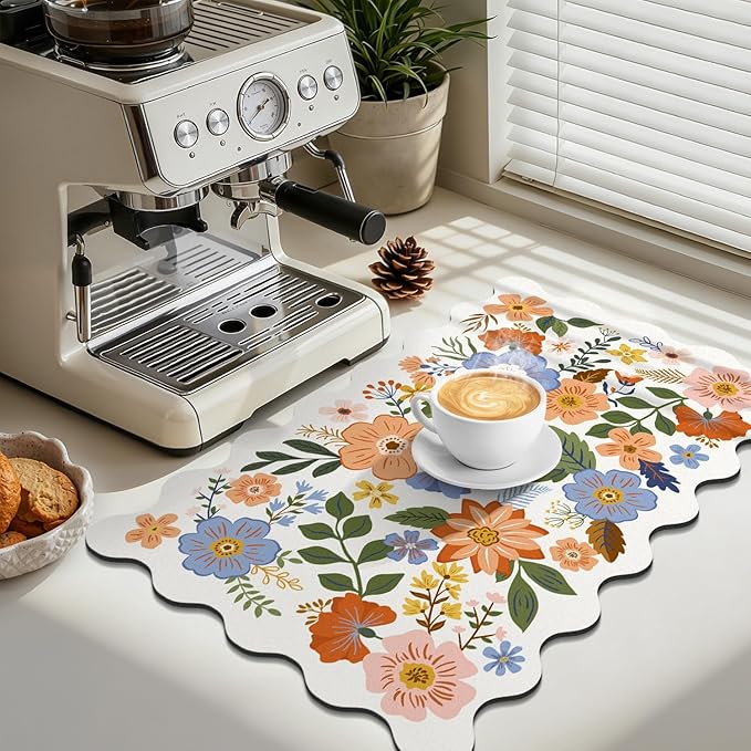LOKHOM Scalloped Floral Dish Drying Mat, 12"x20" Super Absorbent Coffee Mat with Unique Spring Wildflowers, Cuttable Hide Stain Non-slip Drying Mat for Kitchen Counter Coffee Maker Espresso Machine - Image 4
