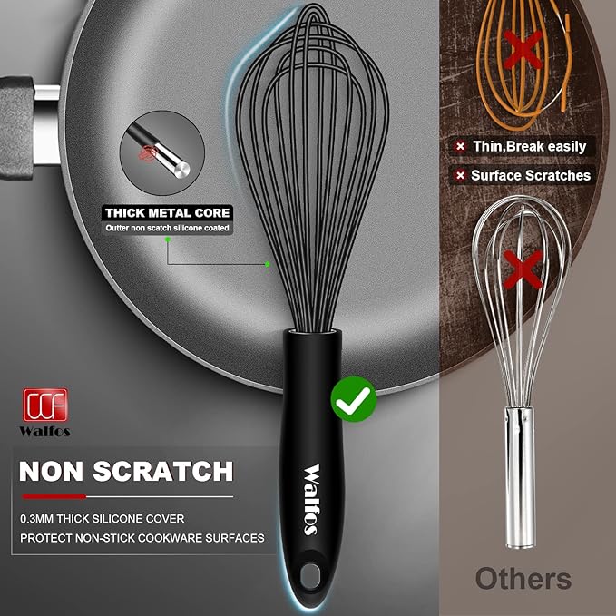Walfos Silicone Whisk,Stainless Steel Wire Whisk Set of 3 -Heat Resistant 480°F Kitchen Whisks for Non-stick Cookware,Balloon Egg Beater Perfect for Blending,Whisking,Beating,Frothing & Stirring,Black - Image 4