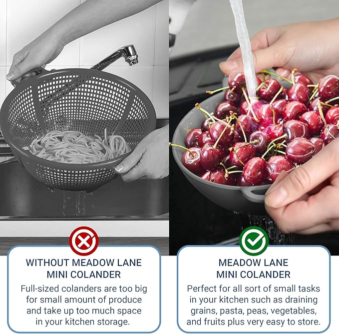 Meadow Lane 6-inch Small Colander, BPA-Free, Dishwasher Safe, Double Handles, Compact Food Strainer for Berries, Veggies and Pasta, 3-Cup Capacity, Black and Gray, 2-Pack - Image 6