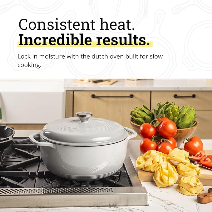 Lodge Essential Enamel Cast Iron Dutch Oven - Perfect for Bread Baking, Braising, Marinating & Slow Cooking - Features Moisture-Sealing Lid & Dual Handles - Kitchen Essentials - 6 Quarts - Oyster White - Image 4