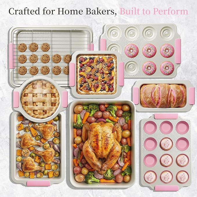 Kikcoin 25 PCS Stackable Baking Pans Set, Non-stick Bakeware Sets with Silicone Handles, 450°F Oven Safe Cookie Sheets for Baking, Easy Release Heavy-duty Baking Sheets Non Stick, Pink - Image 7