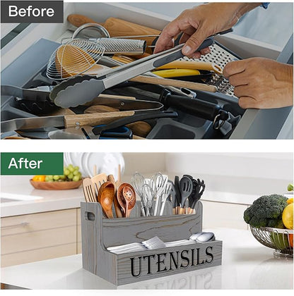 Suli Kitchen Utensils Holder, Wooden Utensil Organizer for Kitchen Countertop, Farmhouse Utensil Storage, Rustic Cooking Utensils ,4 Compartments,- Grey Grain