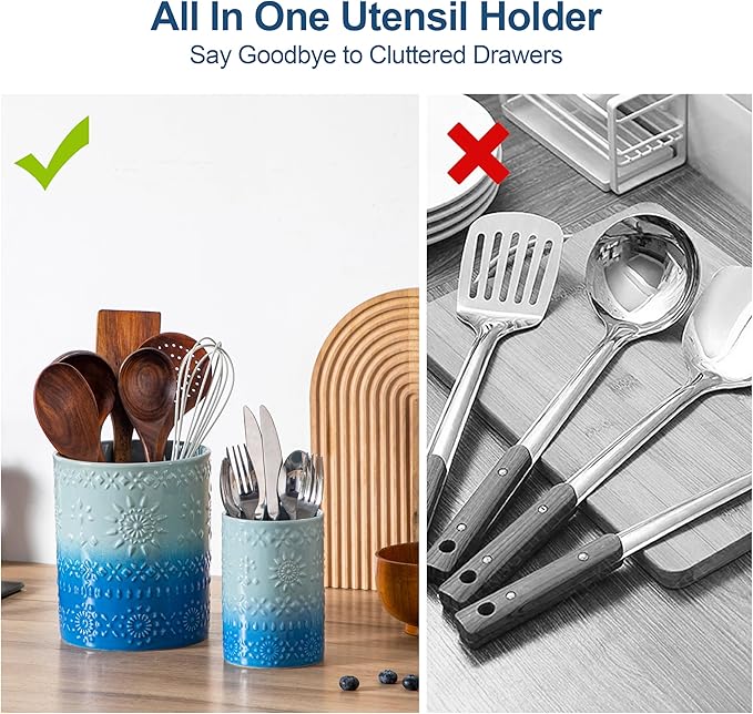 LOVECASA Utensil Holder, 7.2"+5.4" Ceramic Utensil Holder for Countertop, Large Cooking Utensil Crocks for Kitchen Counter, Farmhouse Utensil Vase for Housewarming, Kitchen Decor, Set of 2, Oceans - Image 3