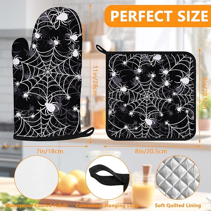 Spider Web Oven Mitts and Pot Holders Sets 4Pcs,Extra Long Oven Gloves Potholder for Kitchen Cooking Baking BBQ 100% Cotton Heat Resistant - Image 2