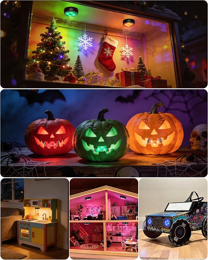 Puck Lights with Remote Control, Battery Operated Wireless LED Under Cabinet Lighting, Warm White & RGB Color Changing Stick on Tap Push Light for Kitchen Counter, Shelf, Closet, 6 Pack, Black