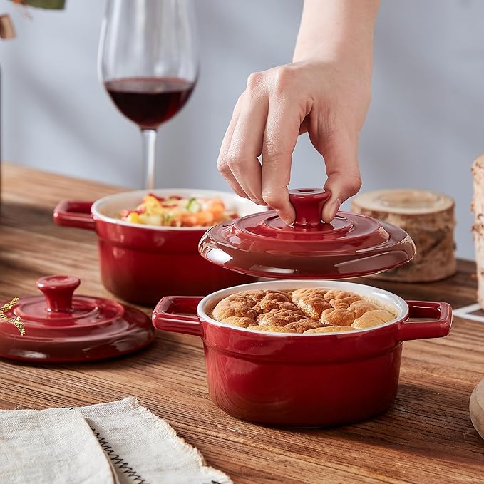 Lareina Mini Cocotte - 12oz Ceramic Casserole Dishes - Kitchen Casserole Sets With Handles And Lid - Small Baking Ramekins - Oven, Microwave & Dishwasher Safe - Set of 4 - Red - Image 5