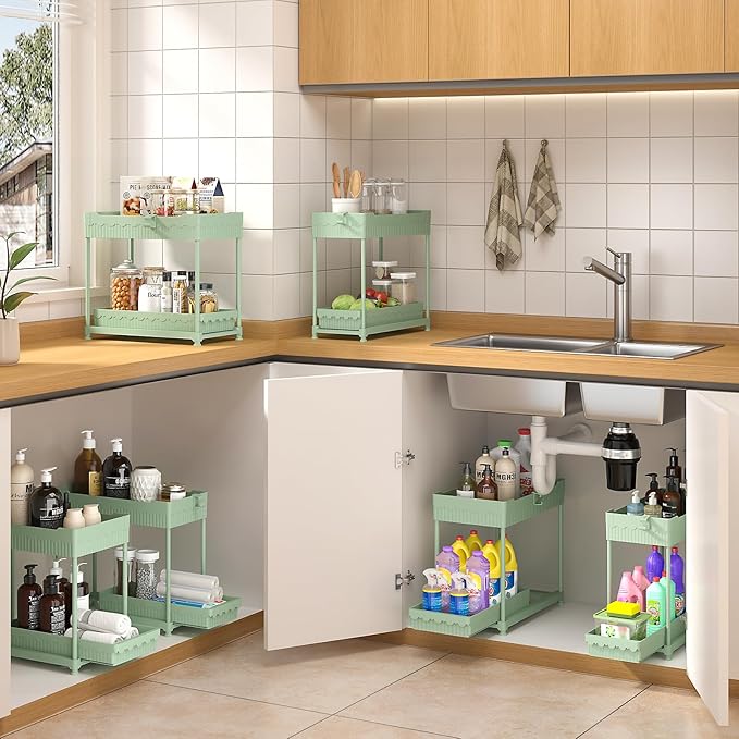 Sevenblue Under Sink Organizer, Bathroom Organizers and Storage, 2 Tier Multi-Use Pull Out Cabinet Organizer with Hang Hooks and Cups (Green, 4 Pack) - Image 4